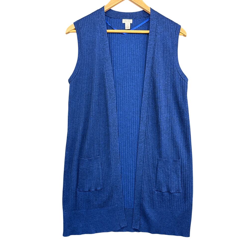 Spense Vintage Royal Blue Ribbed Knit Front Pocket Sleeveless Cardigan Women XL